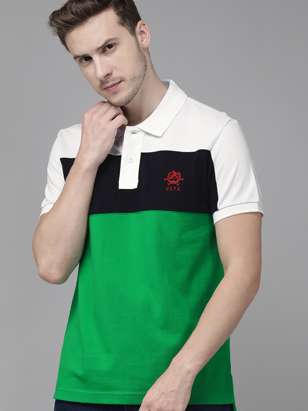 U S Polo Assn Men White & Green Colourblocked Polo Collar Pure Cotton Slim Fit T-shirt