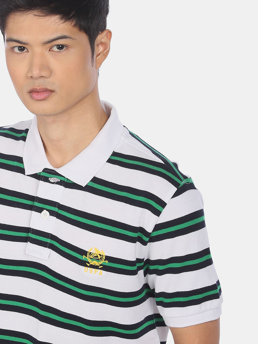 U S Polo Assn Men White & Navy Blue Striped Polo Collar Pure Cotton Slim Fit T-shirt