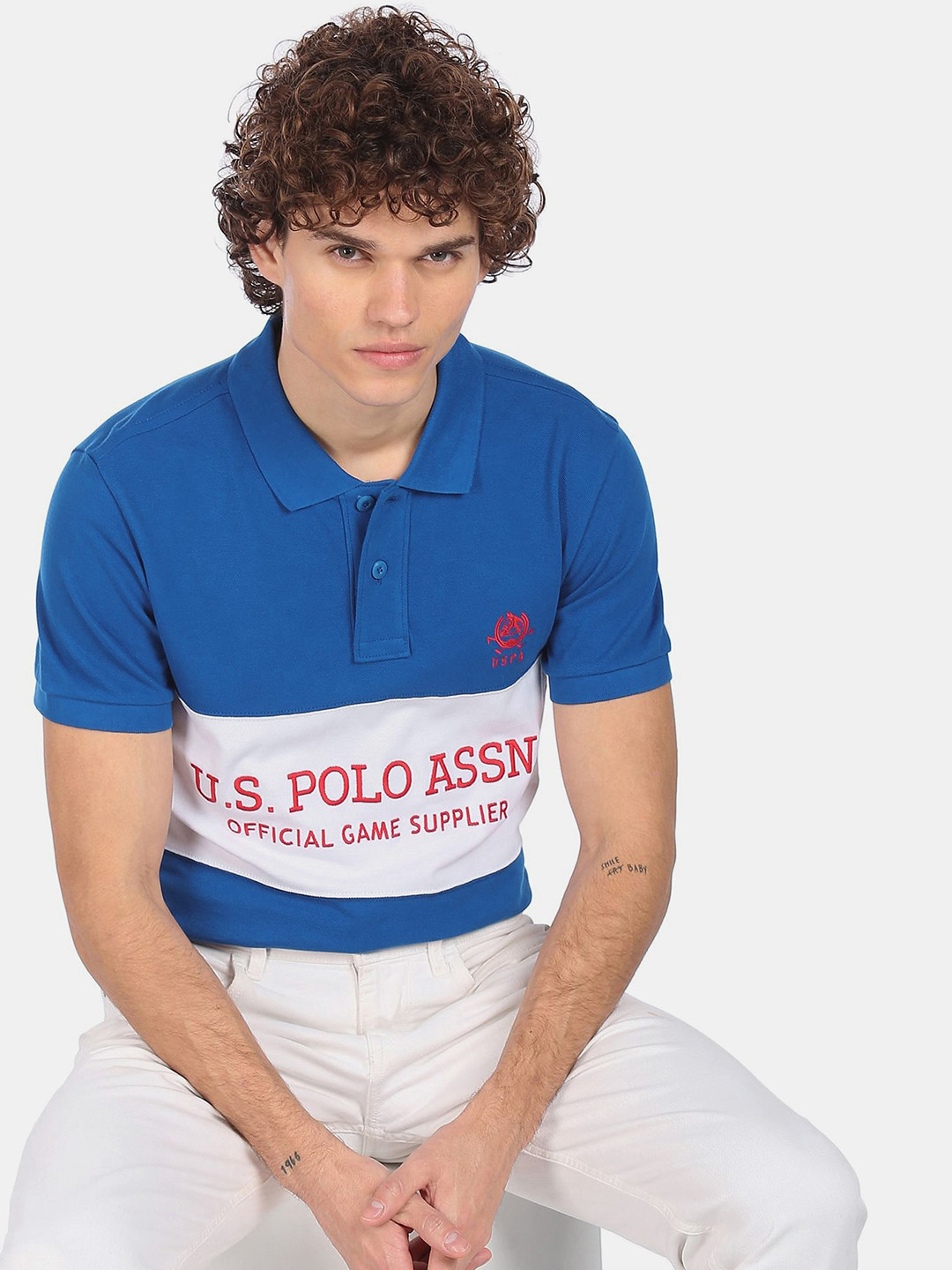 U S Polo Assn Men Blue & White Printed Polo Collar Slim Fit T-shirt