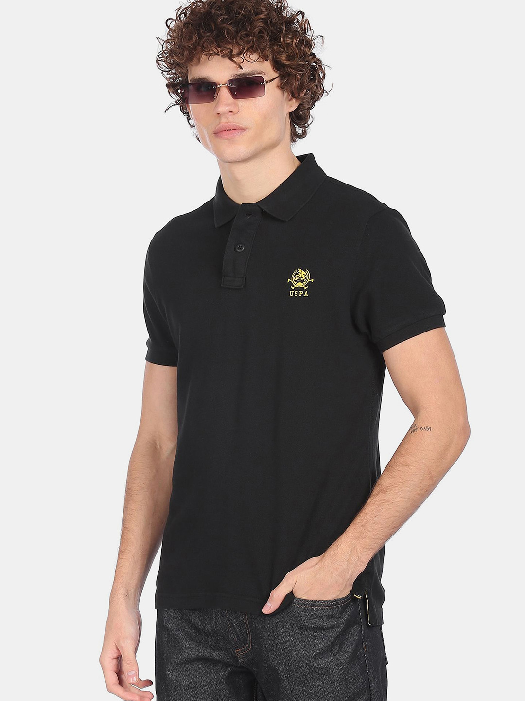 U S Polo Assn Men Black Solid Polo Collar Slim Fit T-shirt