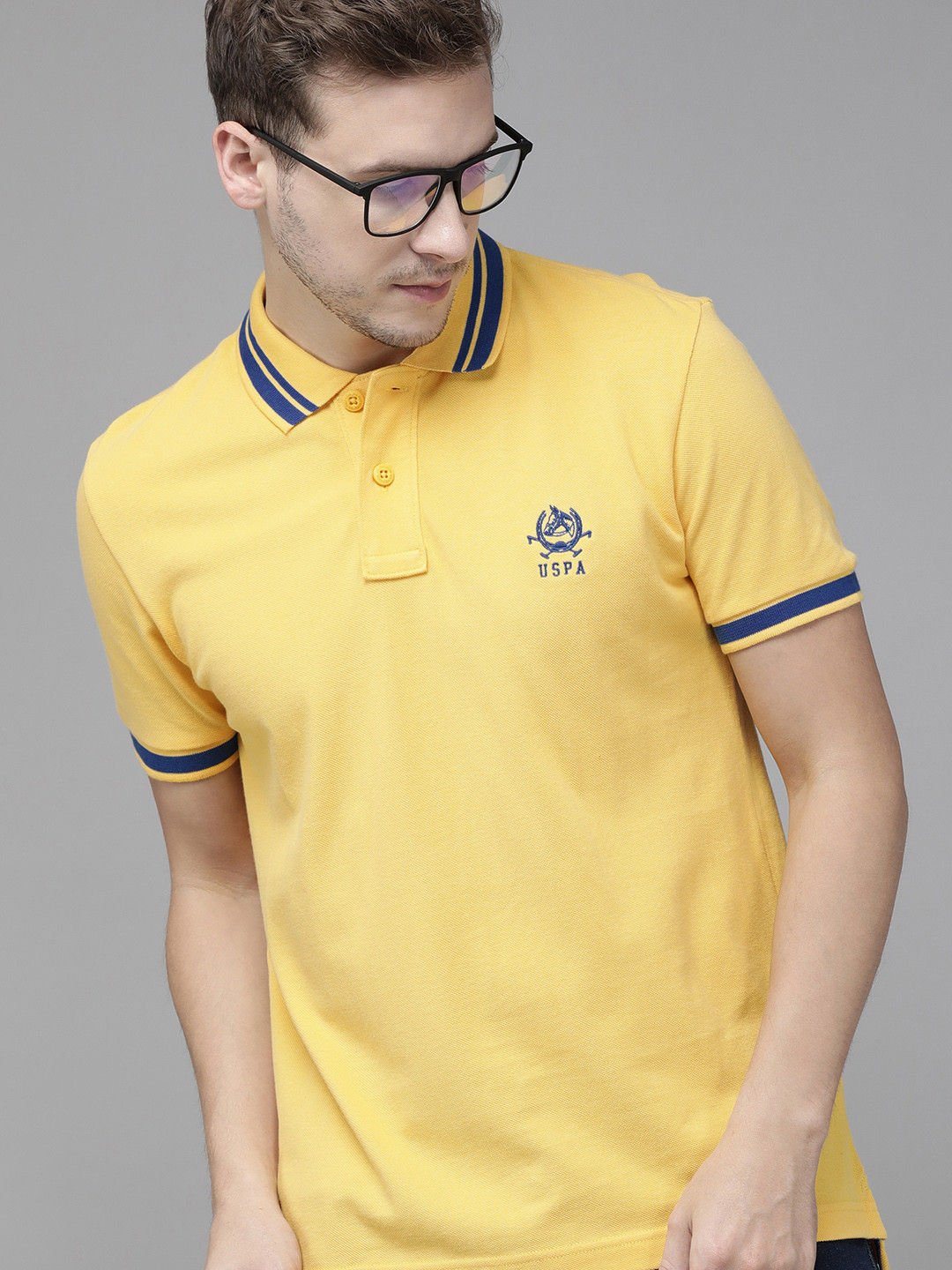 U S Polo Assn Men Yellow Brand Logo Printed Polo Collar Pure Cotton Slim Fit T-shirt
