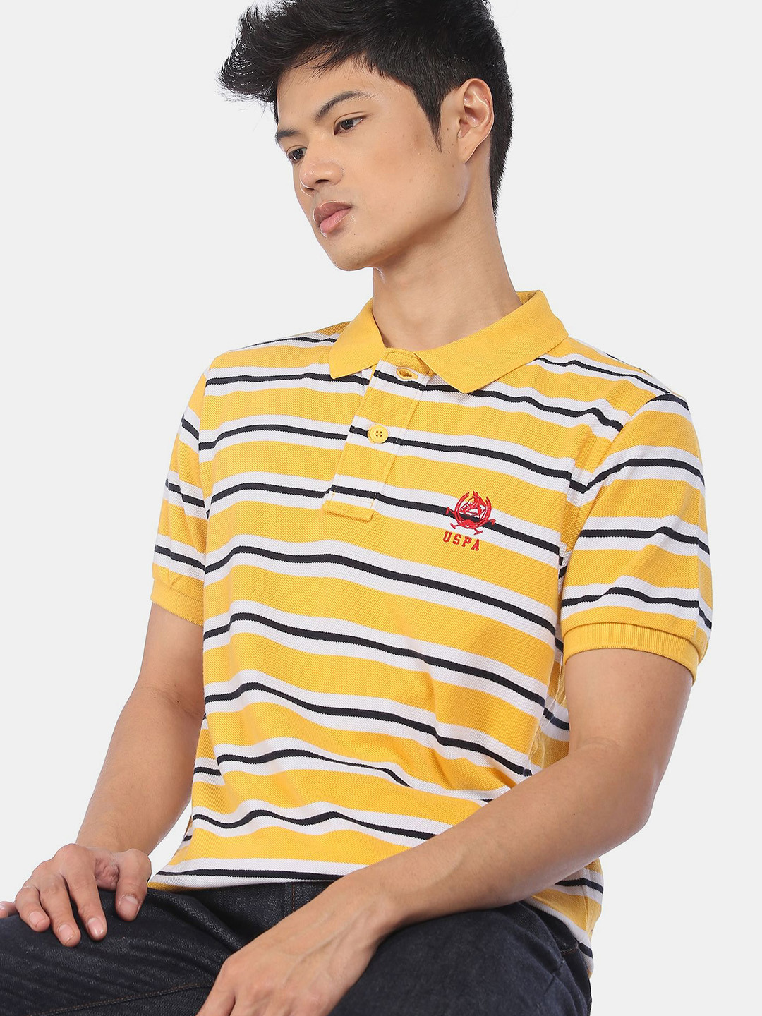 U S Polo Assn Men Mustard Yellow & White Striped Polo Collar Pure Cotton Slim Fit T-shirt