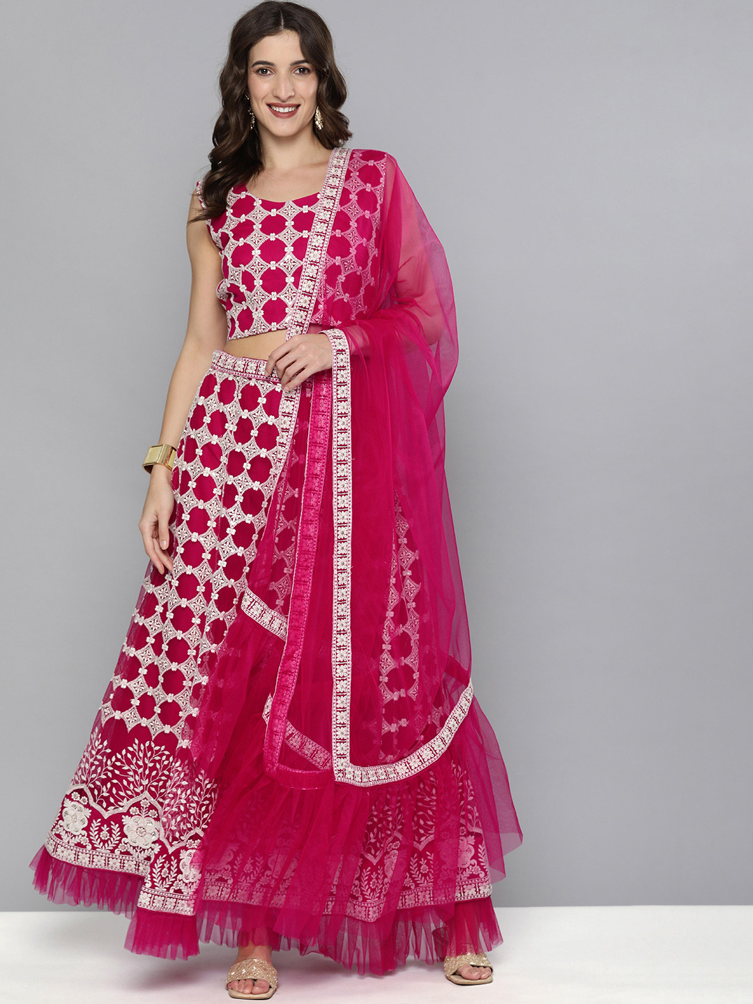 Kvsfab Pink & White Embroidered Sequinned Semi-Stitched Lehenga & Unstitched Blouse With Dupatta