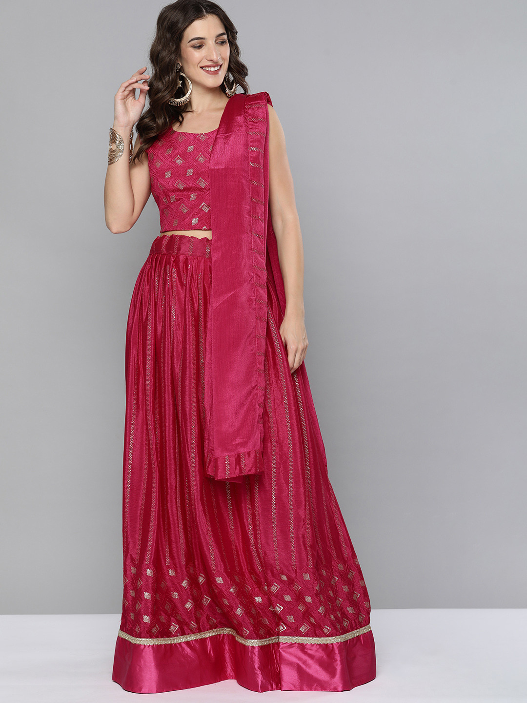 Kvsfab Pink Embroidered Semi-Stitched Lehenga & Unstitched Blouse With Dupatta