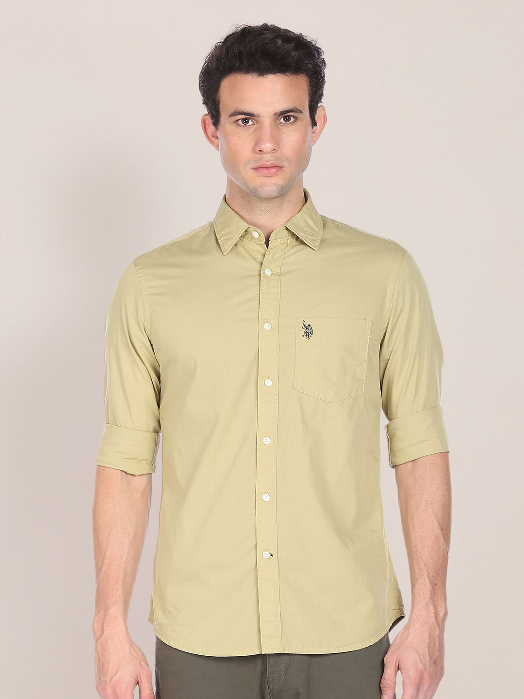 U S Polo Assn Men Beige Solid Tailored Fit Formal Shirt