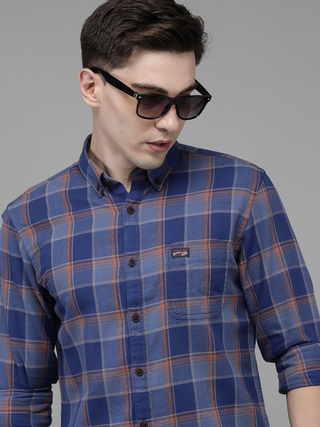 U S Polo Assn Denim Co Men Blue And Orange Checked Pure Cotton Casual Shirt