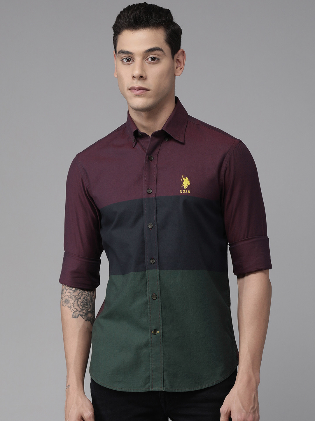 U S Polo Assn Men Maroon Tailored Fit Colourblocked Casual Shirt