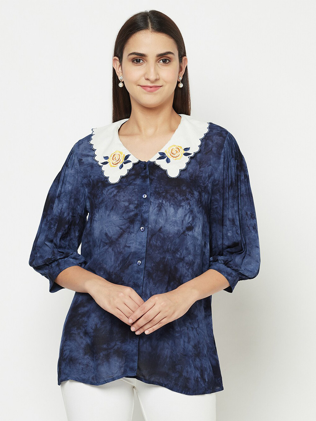BLANC9 Woman Blue Embroidered Collar Tie-Dye Tunic