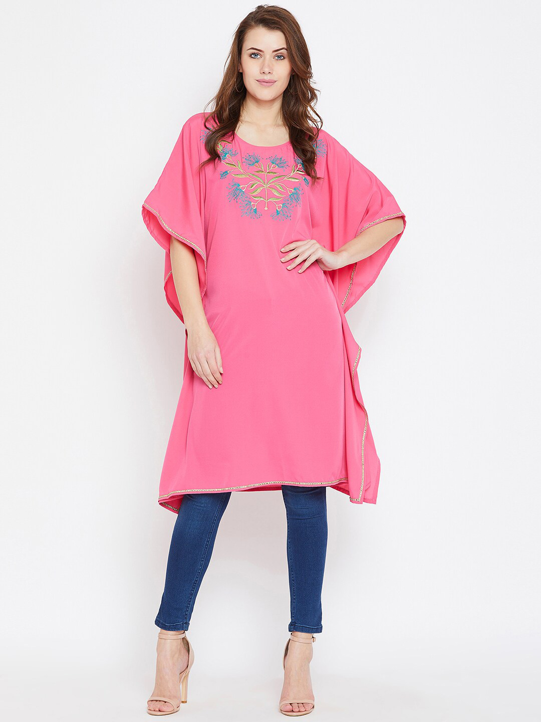 Bitterlime Pink & Blue Embroidered Kaftan