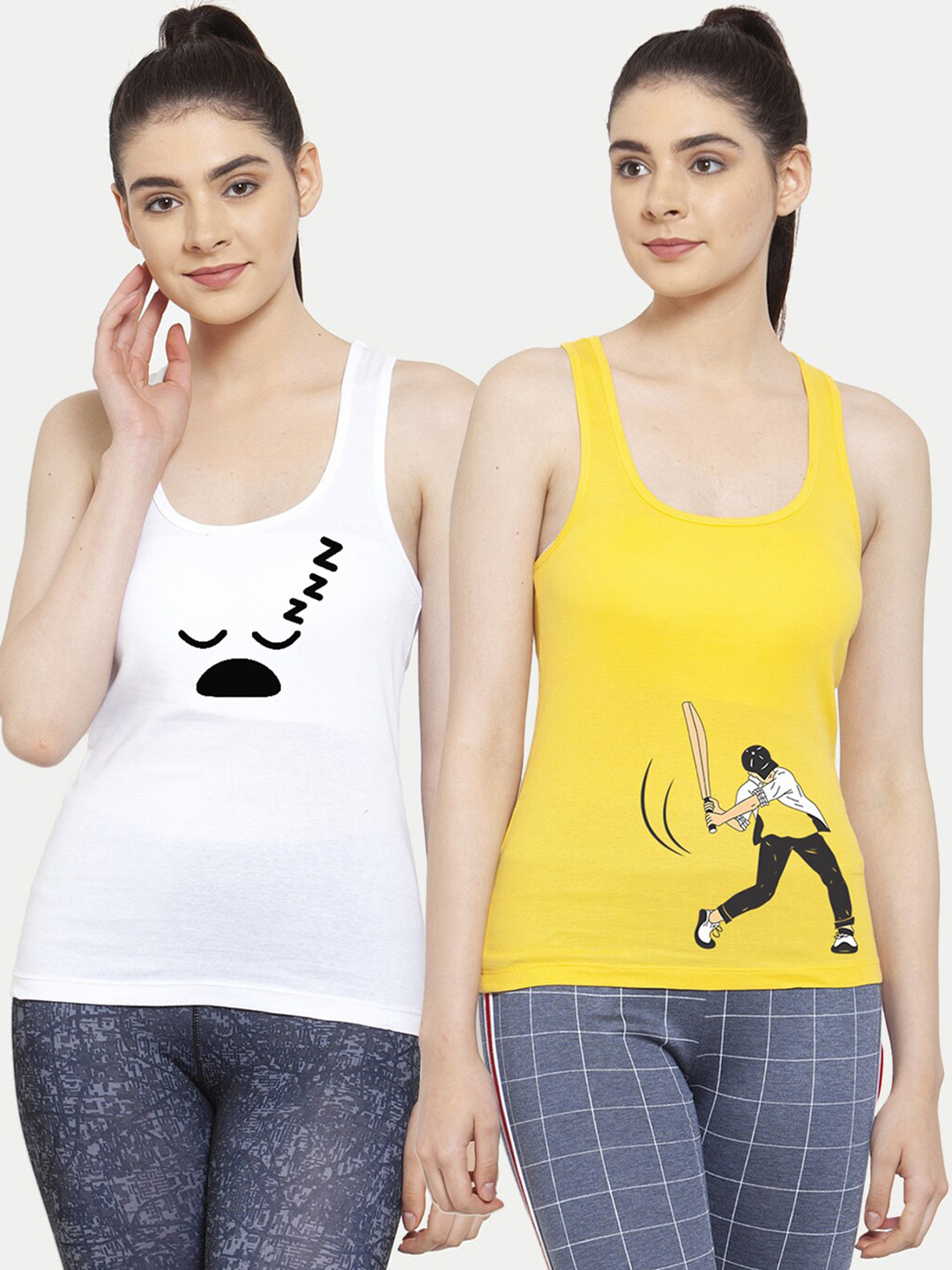 Friskers Women White Yellow Sleepy Cricket design Tank tops
