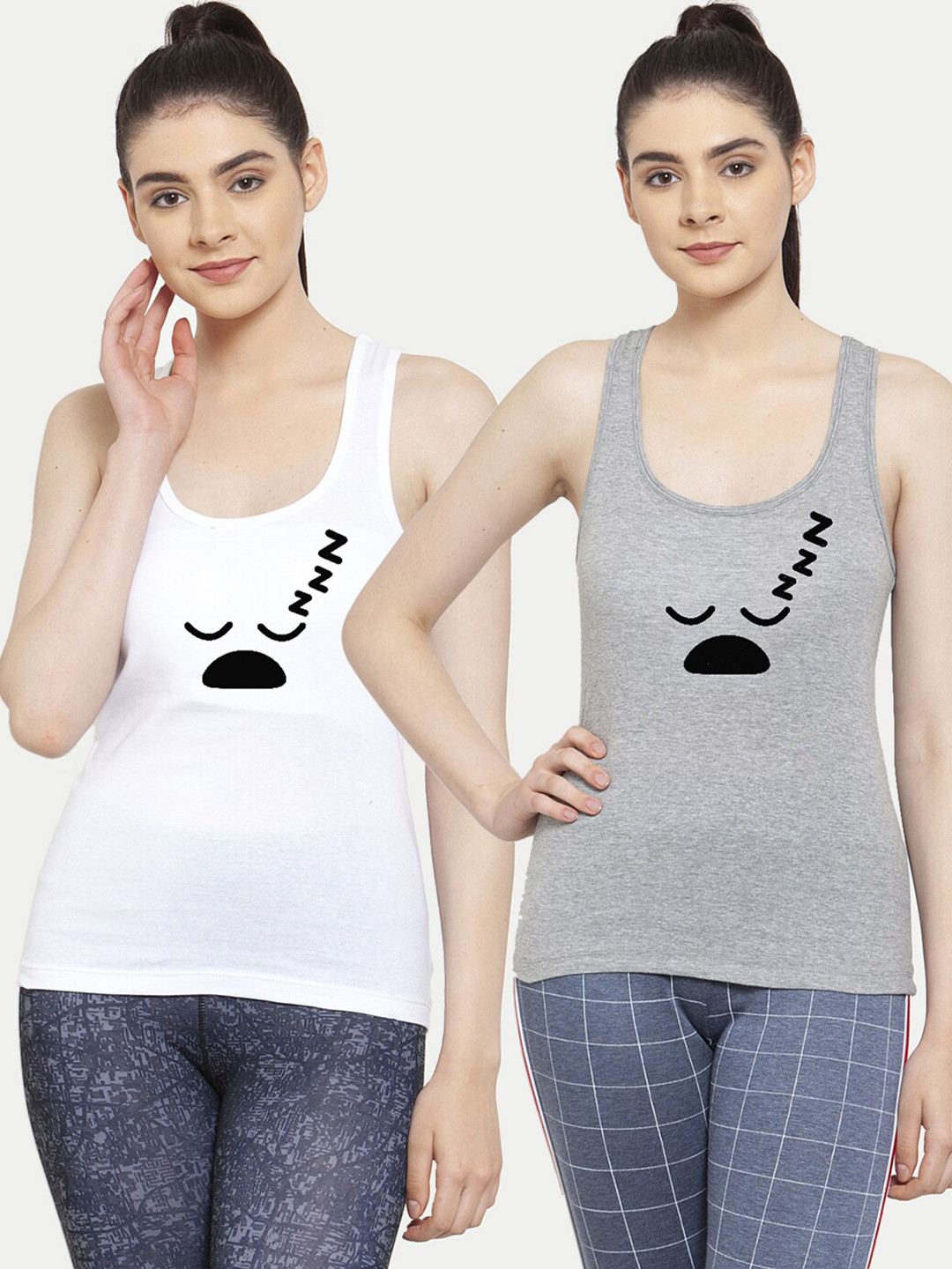 Friskers Women Pack Of 2 White & Grey Print Cotton Tank Tops