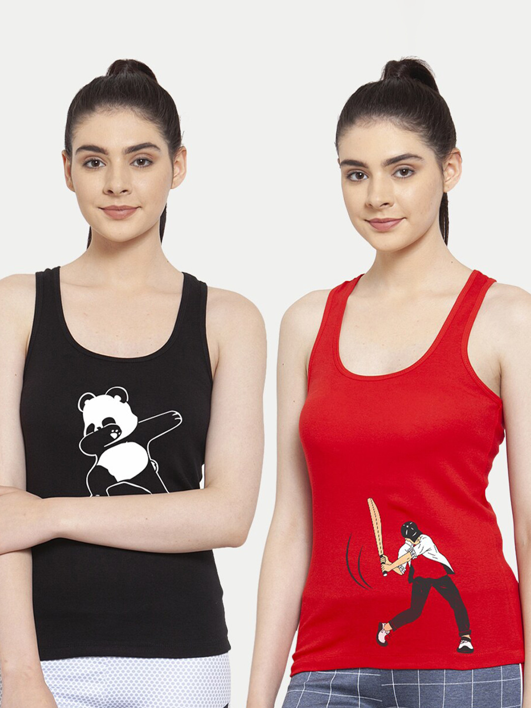 Friskers Pack Of 2 Black & Red Print Tank Top