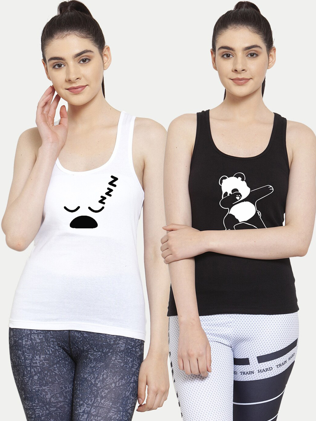 Friskers Woman Pack of 2 White & Black Print Tank Top