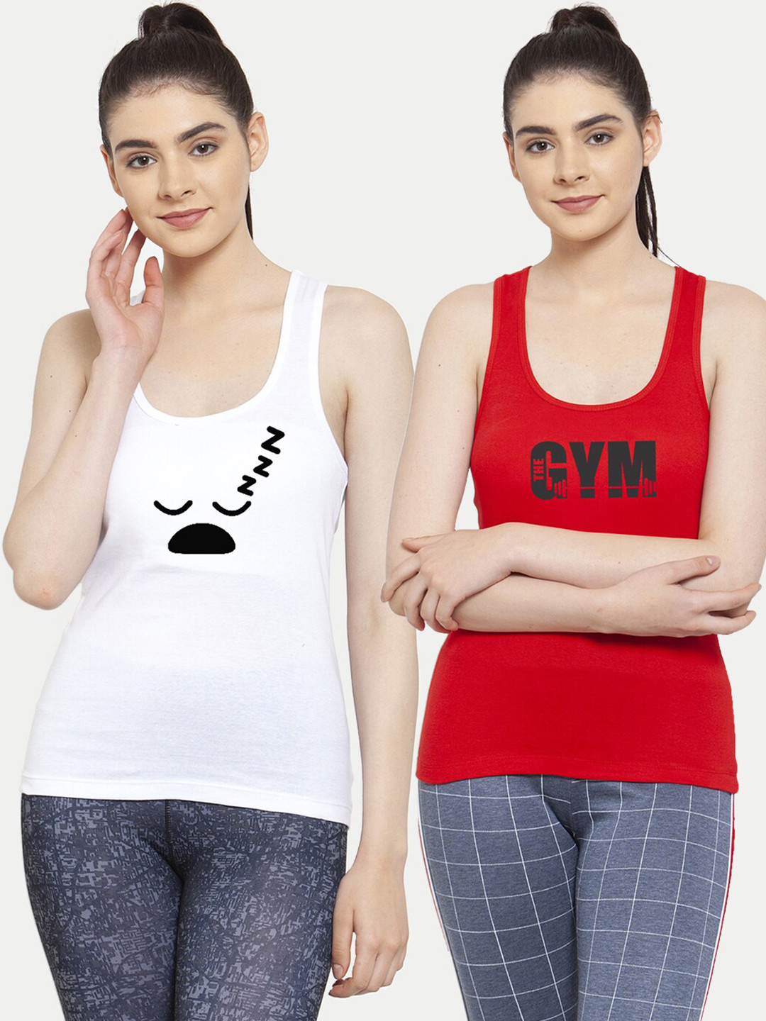 Friskers Women Pack Of 2 White & Red Sleepy Gym Tank Tops