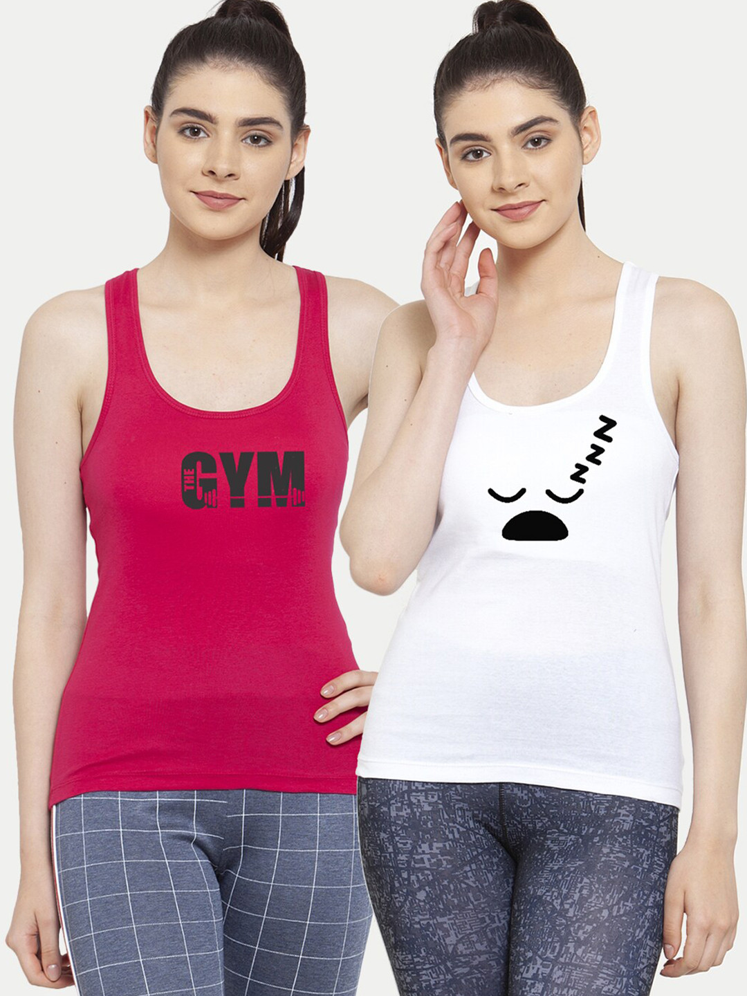 Friskers Pack Of 2 White & Pink Printed Cotton Tank Top