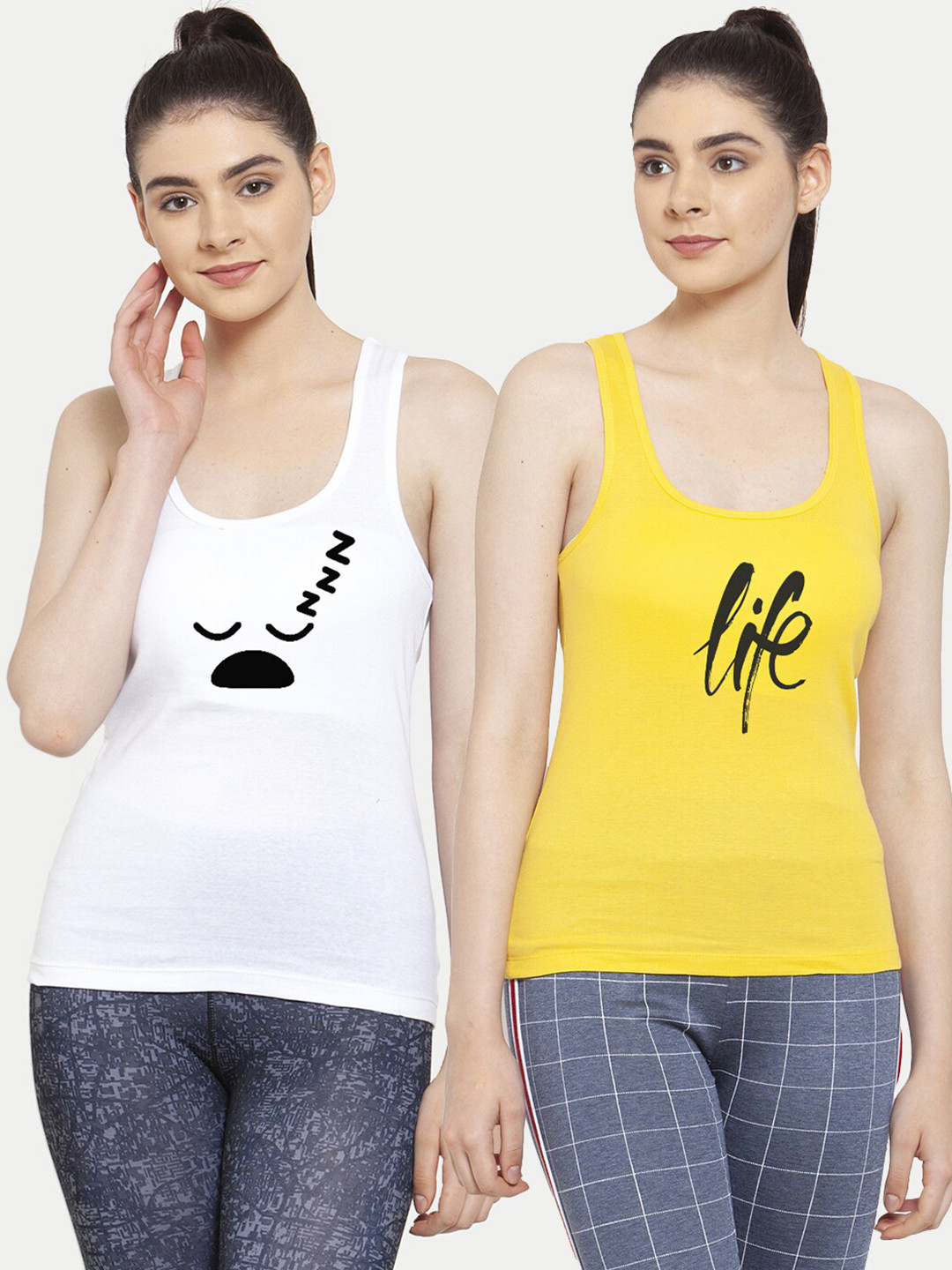 Friskers Women Pack Of 2 White & Yellow Sleepy Life Tank top