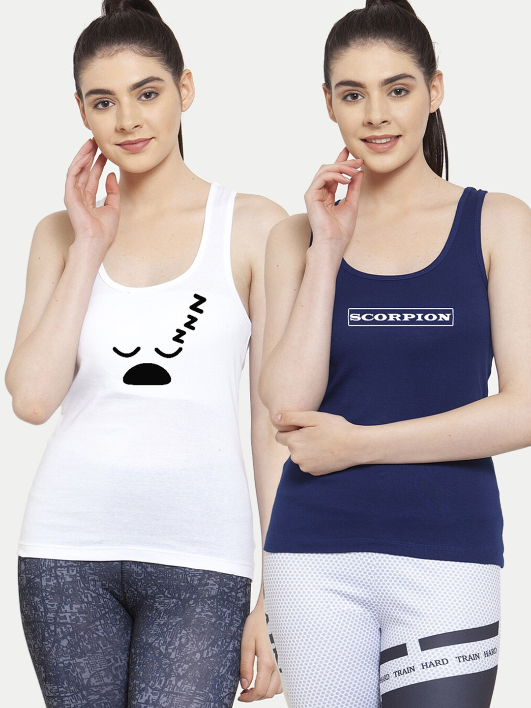 Friskers Woman Pack of 2 White & Blue Print Tank Top