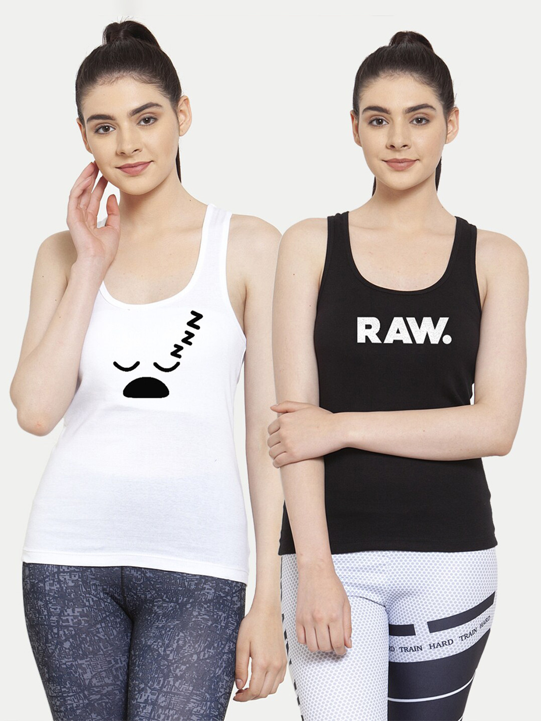 Friskers Women Pack Of 2 White & Black Print Cotton Tank Tops