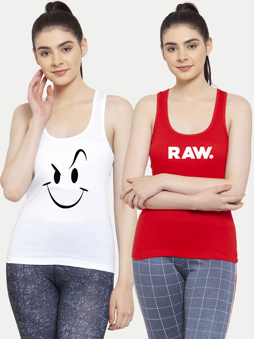 Friskers Women Pack Of 2 White & Red Smily Raw  Printed Tank Tops