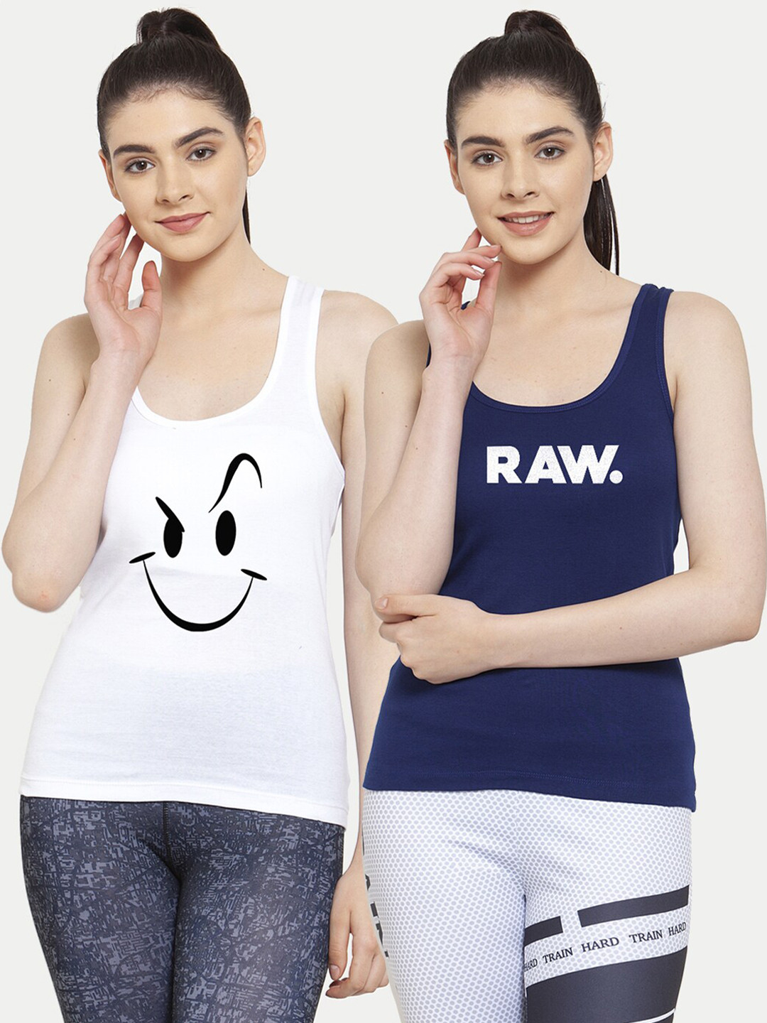 Friskers Pack Of 2 White & Navy Blue Print Tank Top