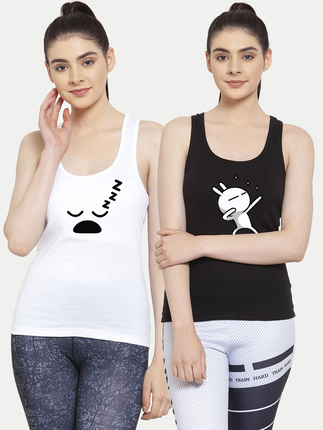 Friskers Women Pack Of 2 White & Black Sleepy Three star Tank tops