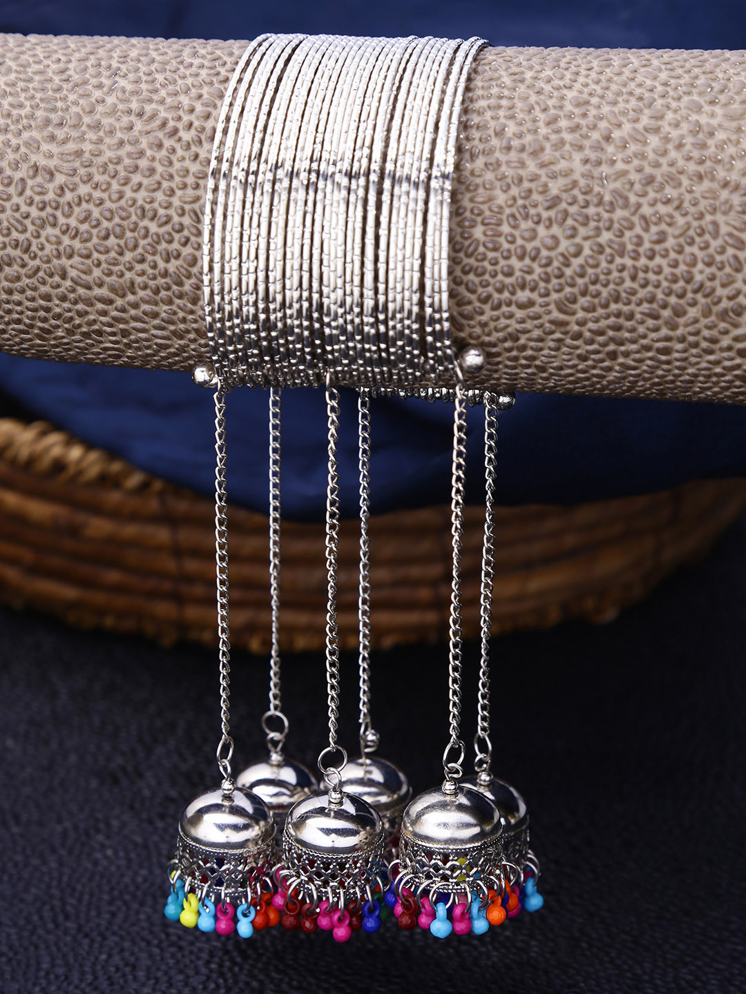 Yellow Chimes Women Silver Oxidised Jhumki Latkan Bangles