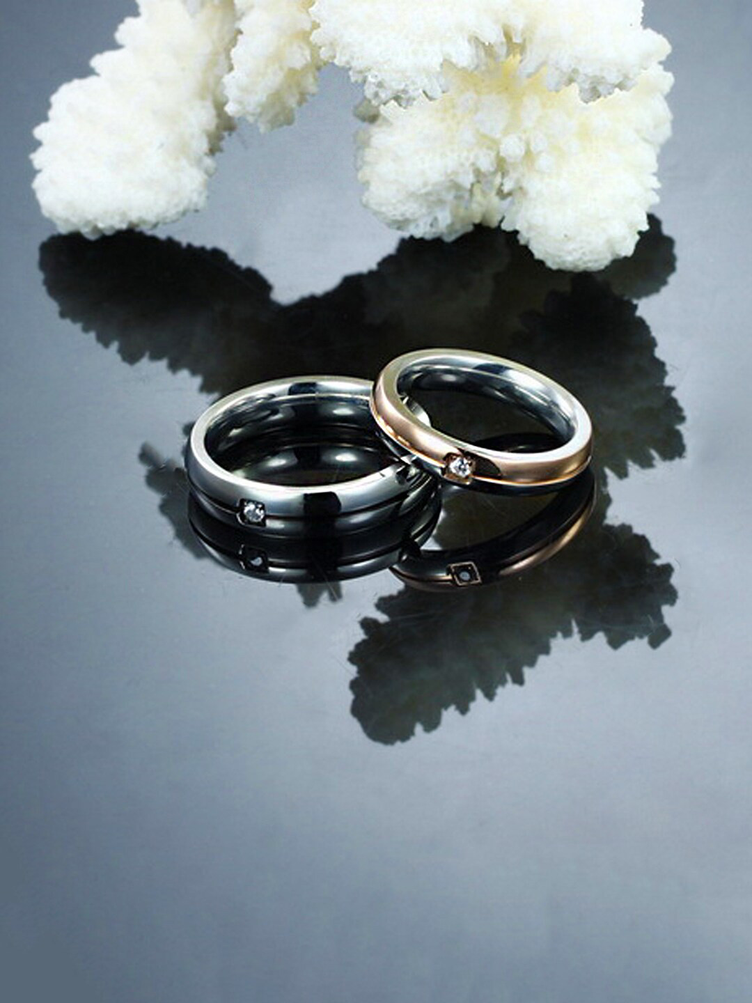 Yellow Chimes Set of 2 Silver-Toned & Rose Gold-Toned White Stone Studded Steel Couple Finger Rings