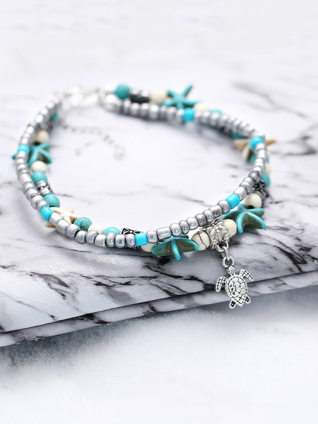 Yellow Chimes Silver-Toned & Blue Beaded Charm Anklet Cum Bracelet