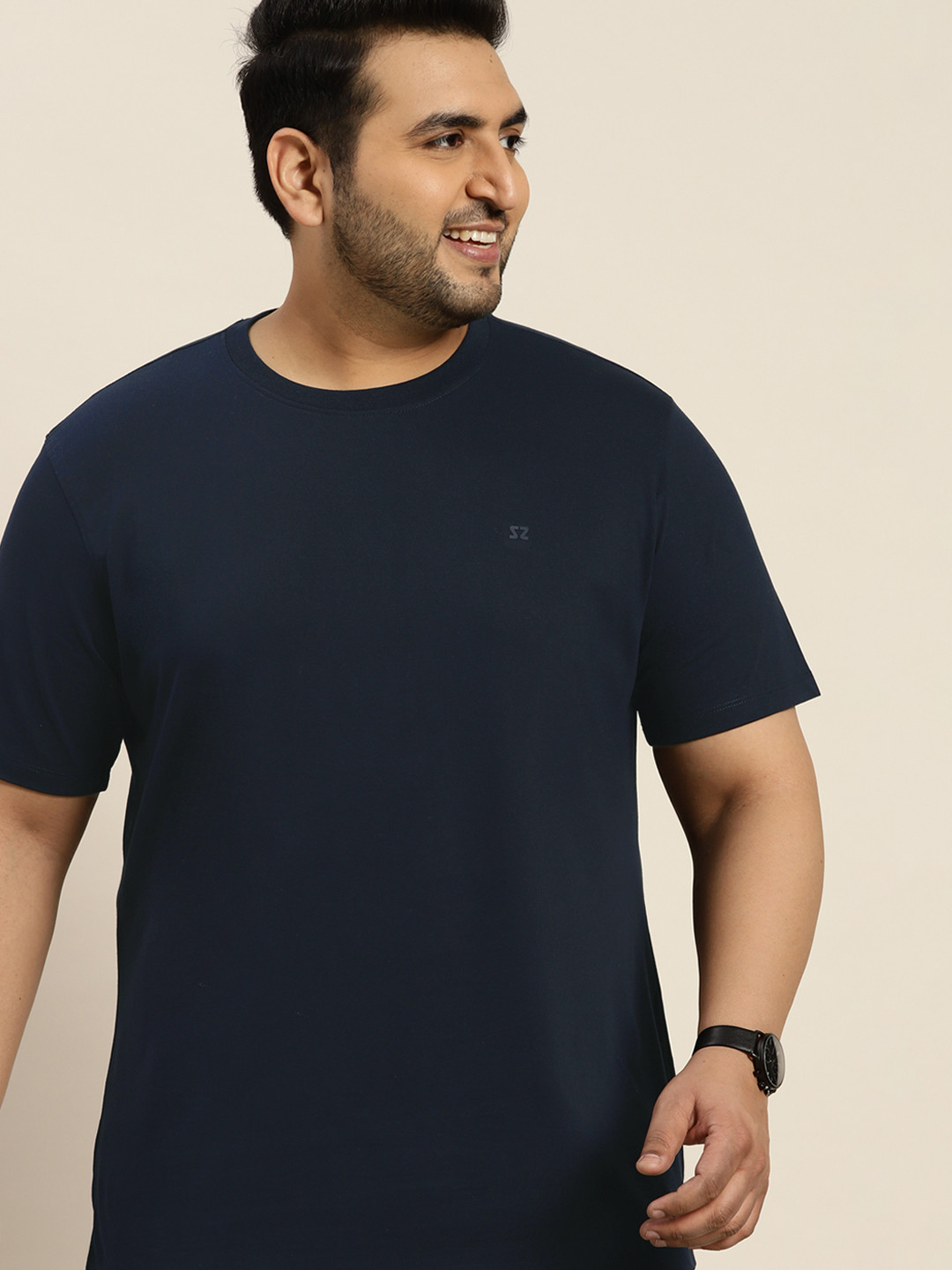 Sztori Men Plus Size Navy Blue Solid T-shirt