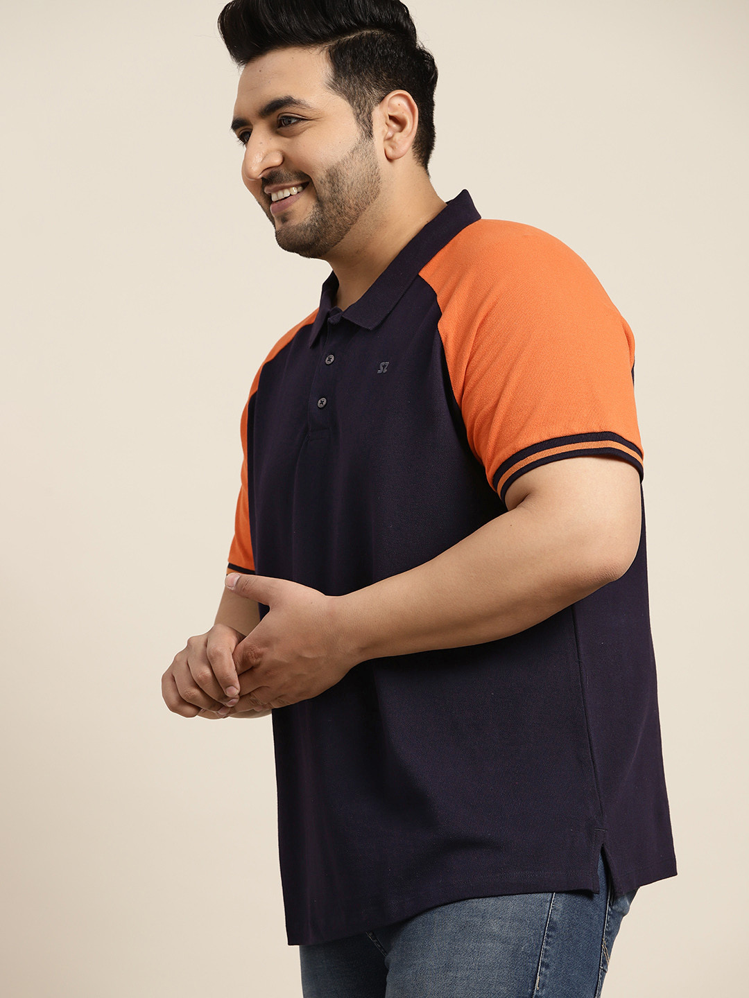 Sztori Men Plus Size Navy Blue & Orange Polo Collar Pure Cotton T-shirt
