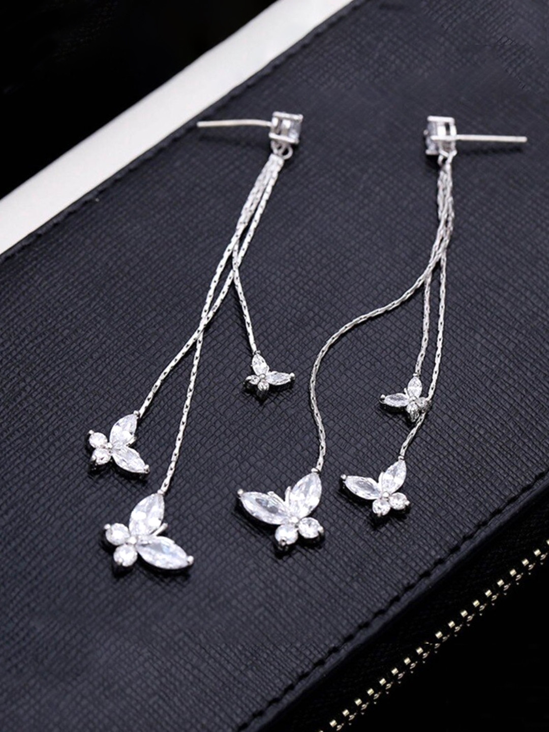 Yellow Chimes White Crystal Butterfly Designed Drop Silver-Plated Earrings