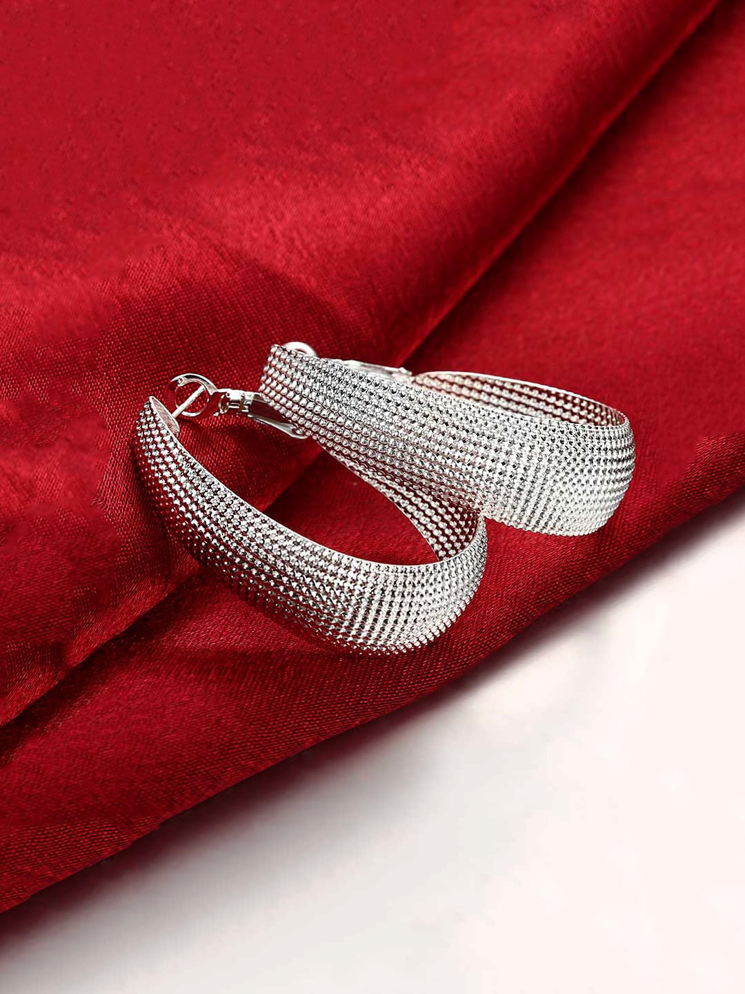 Yellow Chimes Silver-Toned Sparkling Textured Hoop Earrings