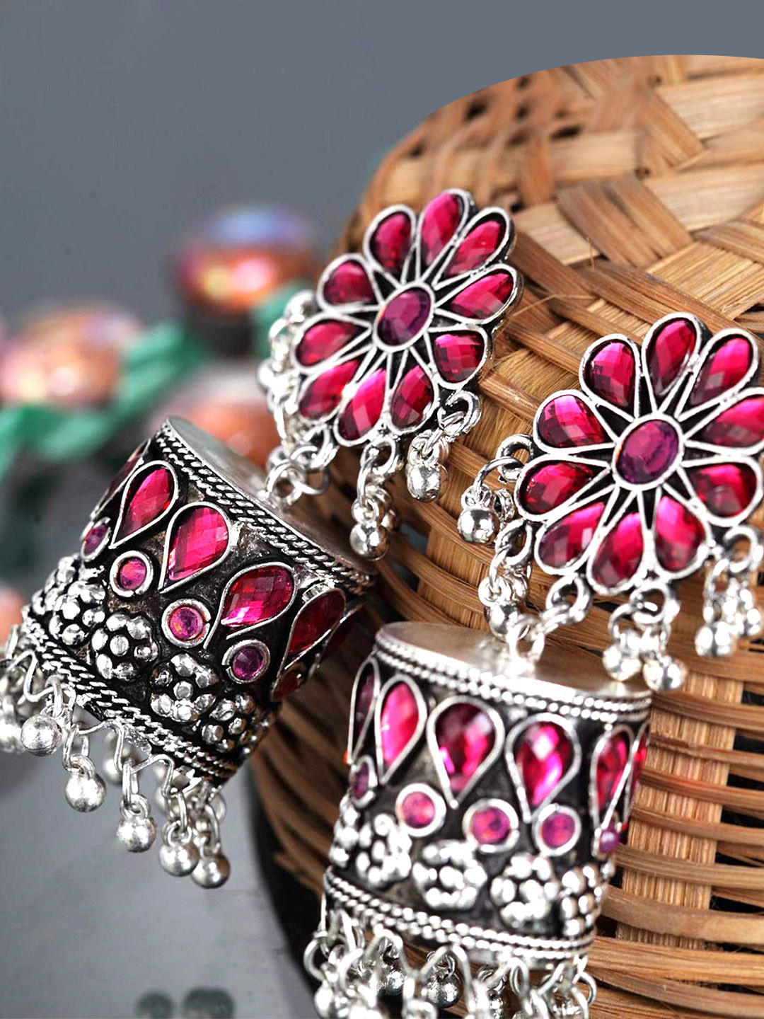 Yellow Chimes Pink Dome Shaped Oxidised Jhumkas Earrings