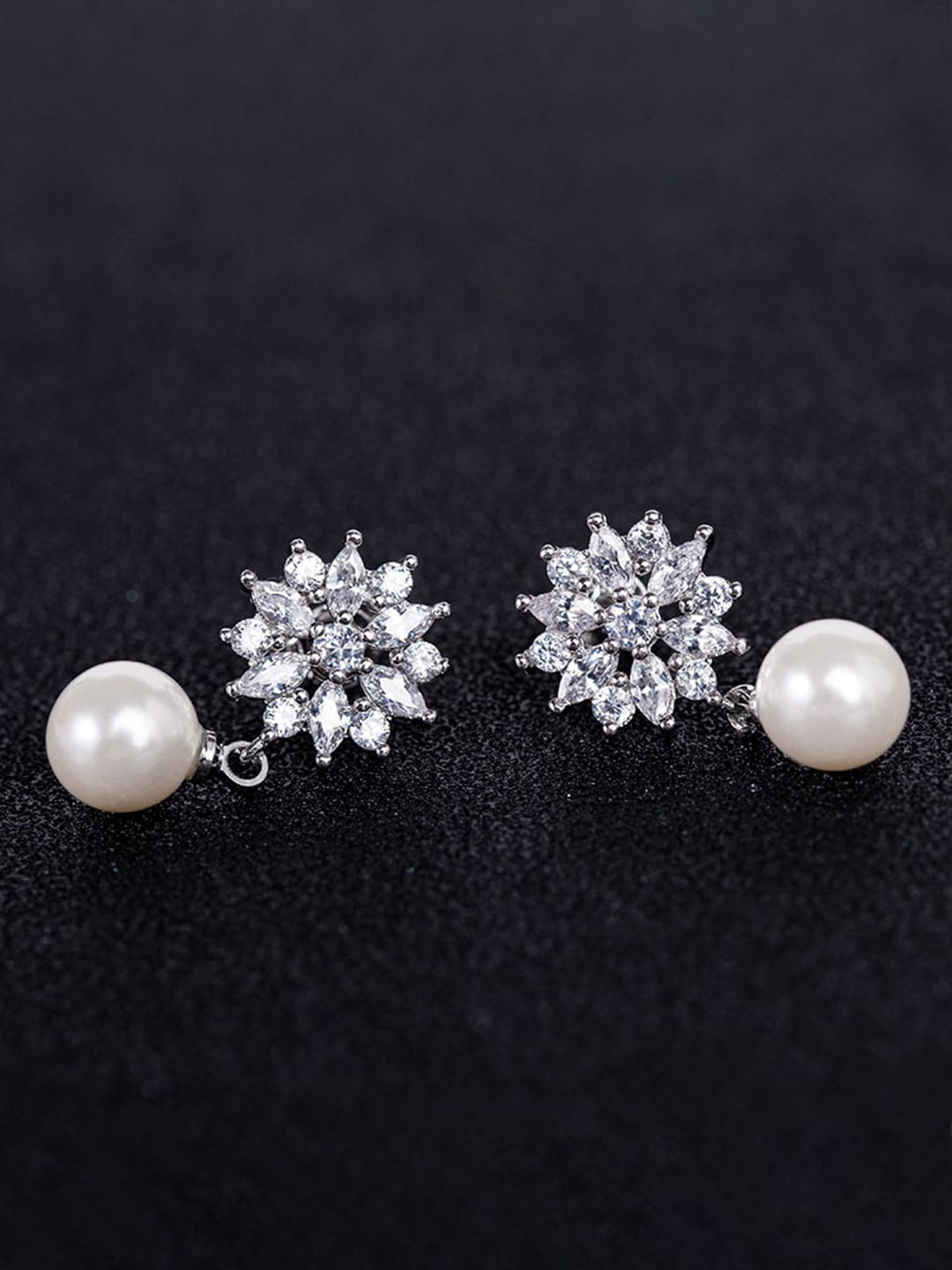 Yellow Chimes Silver-Toned Contemporary Pearl Crystal Drop Earrings