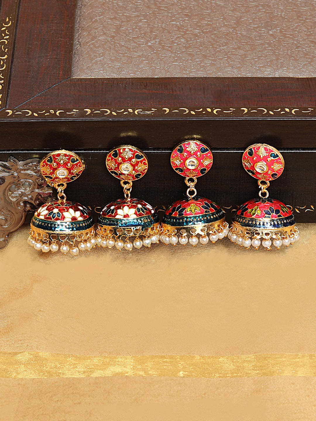 Yellow Chimes Gold-Toned Meenakari Jhumka Earrings