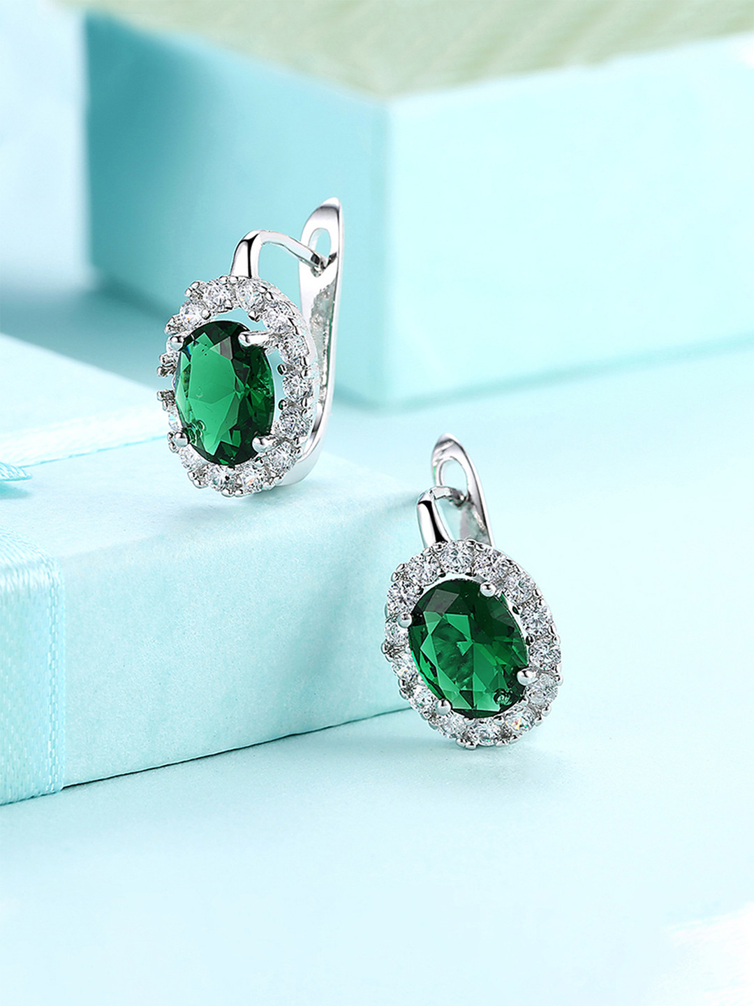 Yellow Chimes Silver-Plated & Green Swarovski Crystal Classic Studs Earrings