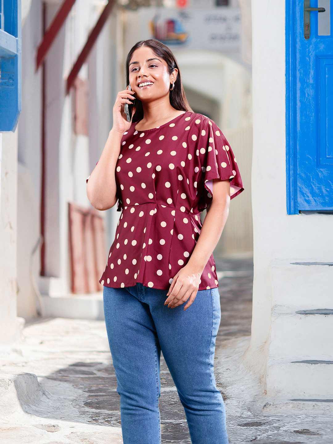 Sztori Women Plus Size Magenta & Off White Polka Dots Print Pleated A-Line Top