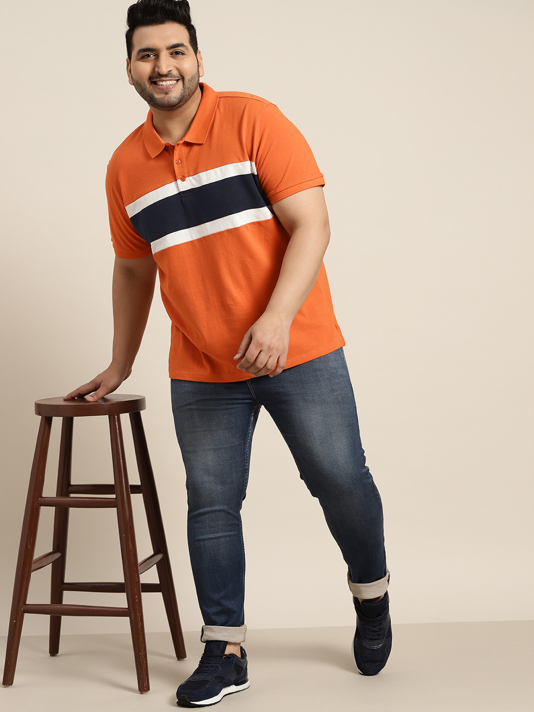 Sztori Men Plus Size Orange & Navy Blue Striped Polo Collar  Cotton T-shirt