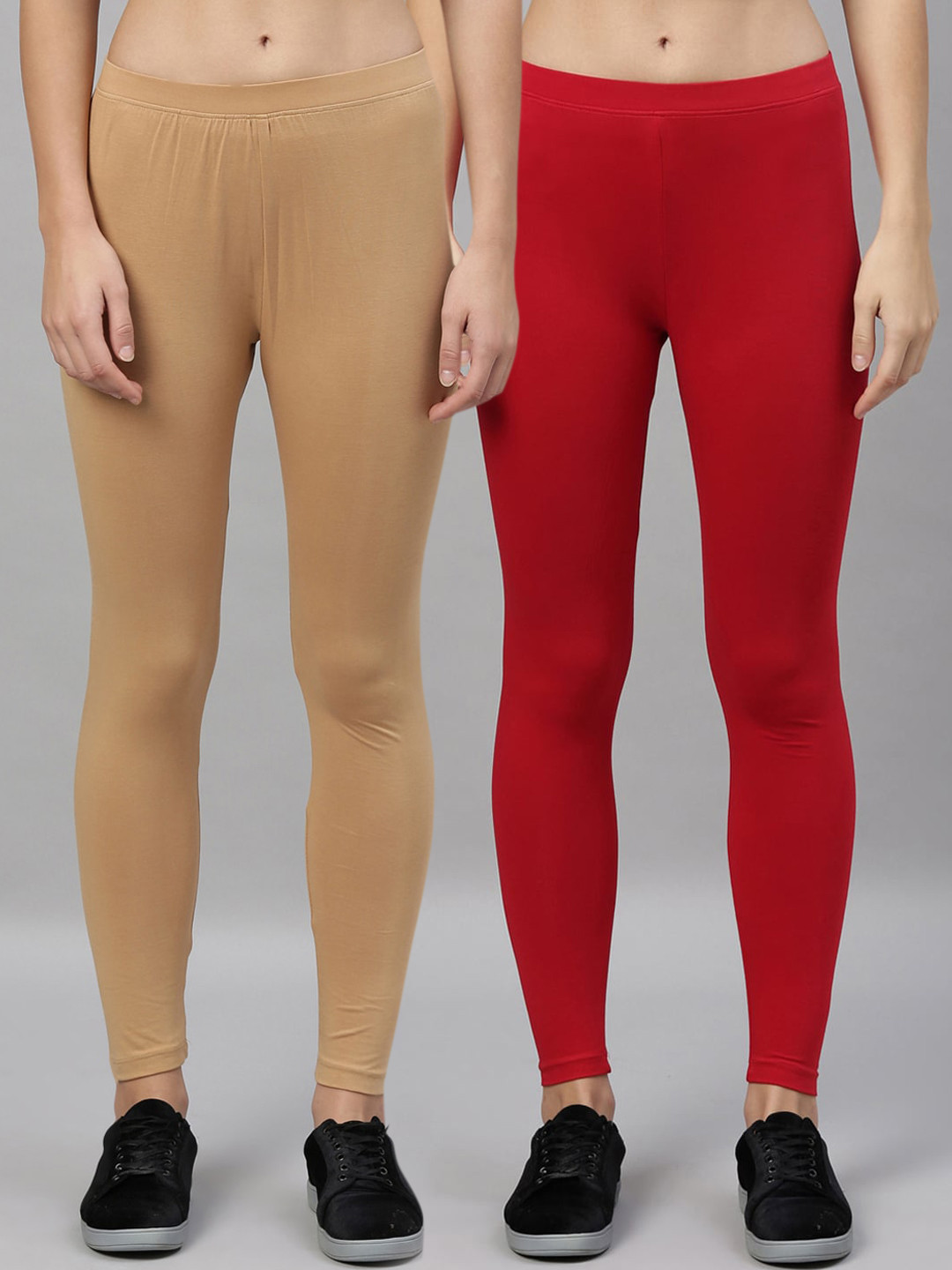 Kryptic Women Camel Brown & Red Pack of 2 Solid Ankle Length Leggings