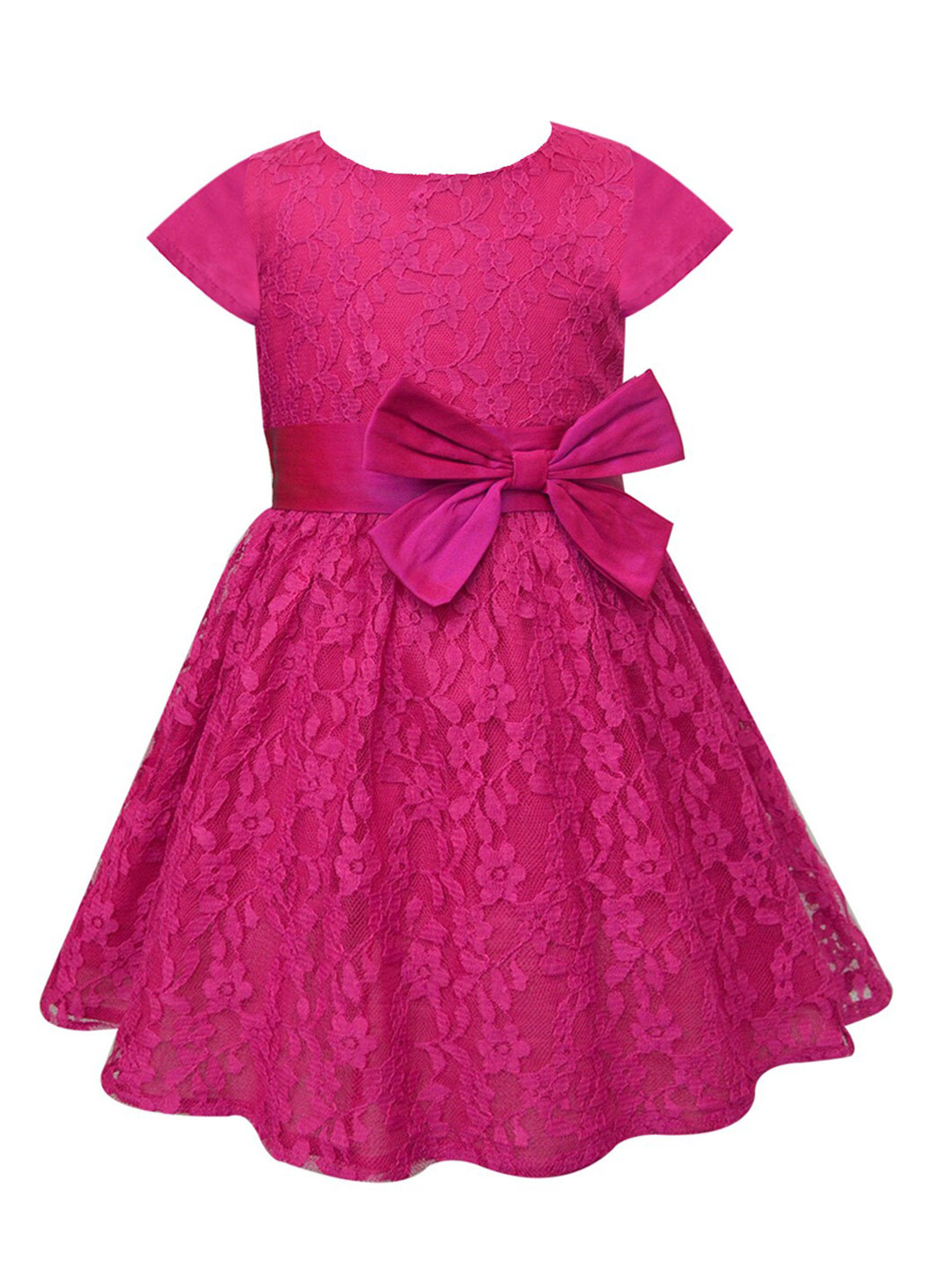 A.T.U.N. Girls Fuchsia Self Design Round Neck A-Line Dress