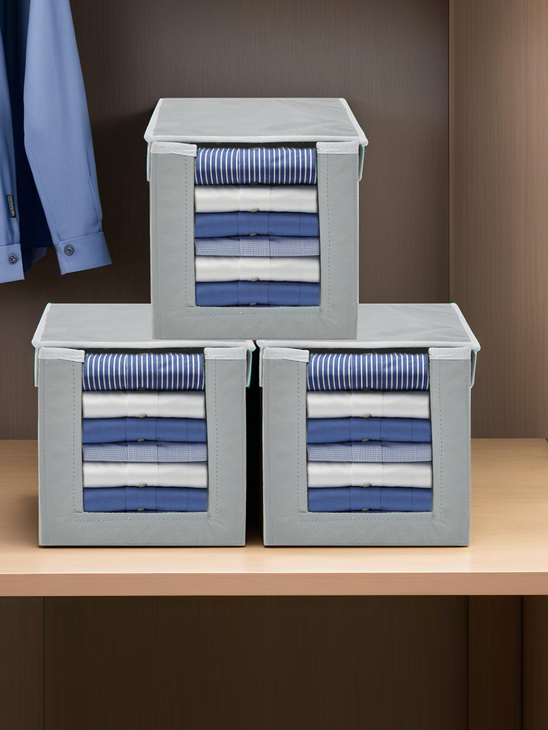Kuber Industries Set Of 3 Grey Shirt Stacker Wardrobe Organizers