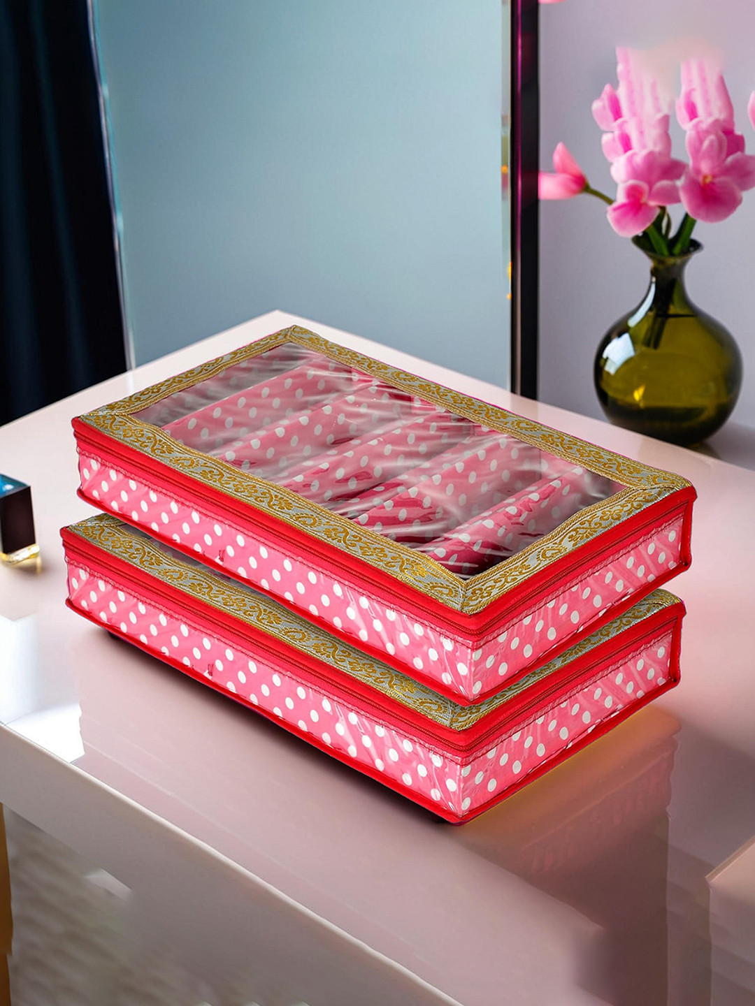 Kuber Industries Set Of 2 Pink & White Printed Laminated Bangle Organizers