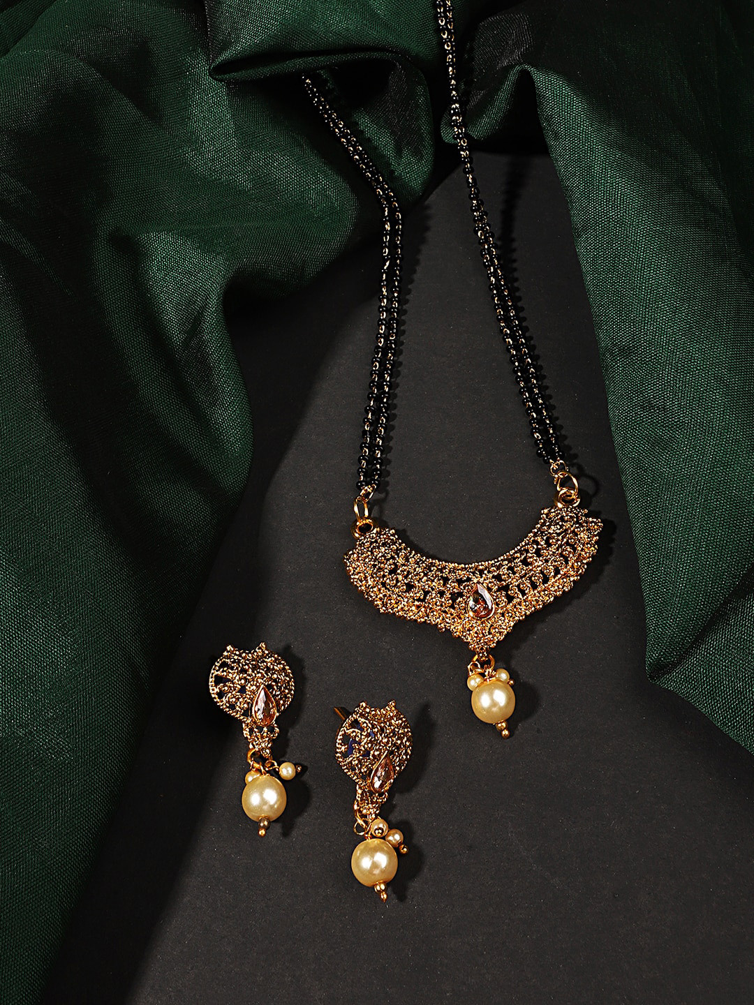 ANIKAS CREATION Woman Gold-Plated Black Beaded Mangalsutra With Earrings