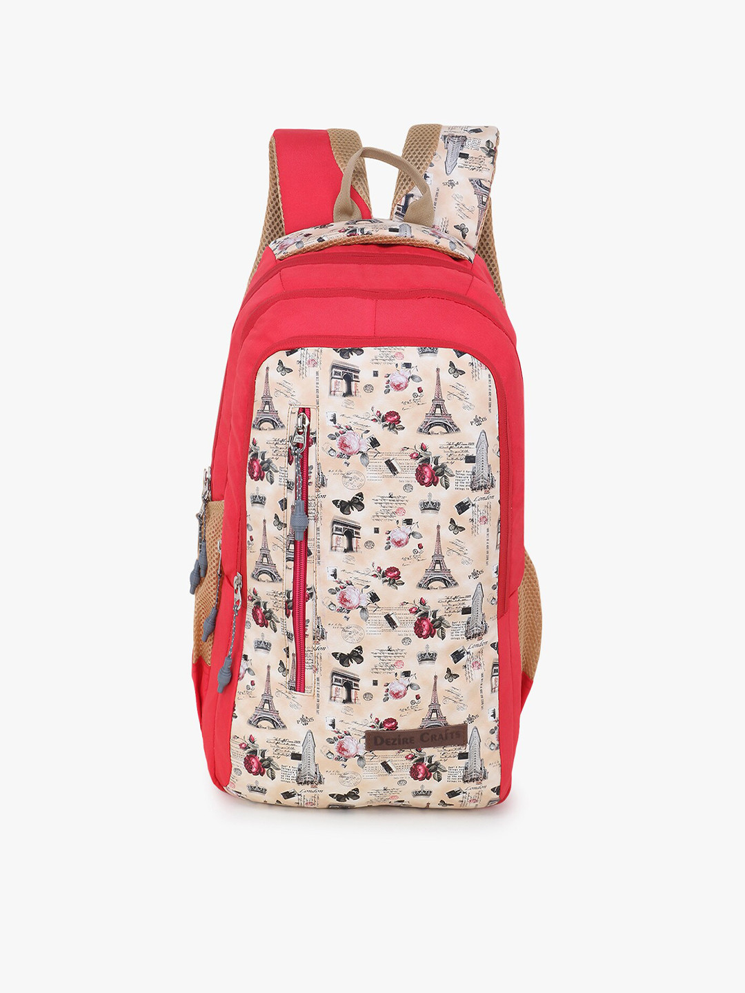 Dezire Crafts Girls Red & Beige Brand Logo Embellished Backpack