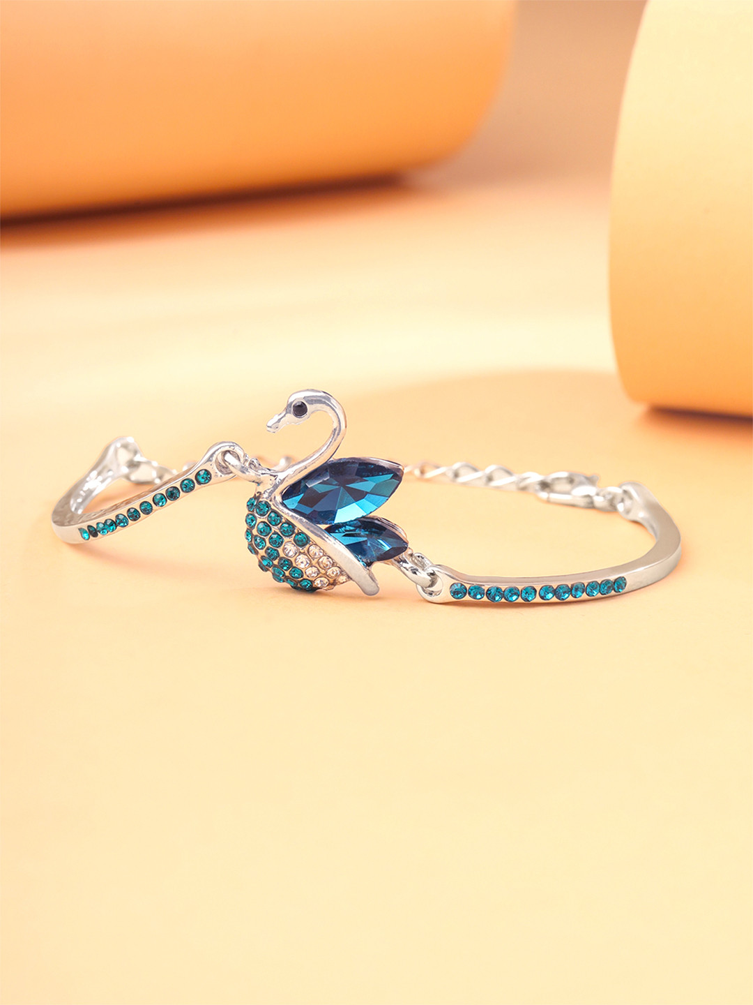 Yellow Chimes Vistelle Silver-Toned & Blue Crystals Swan Love Bracelet