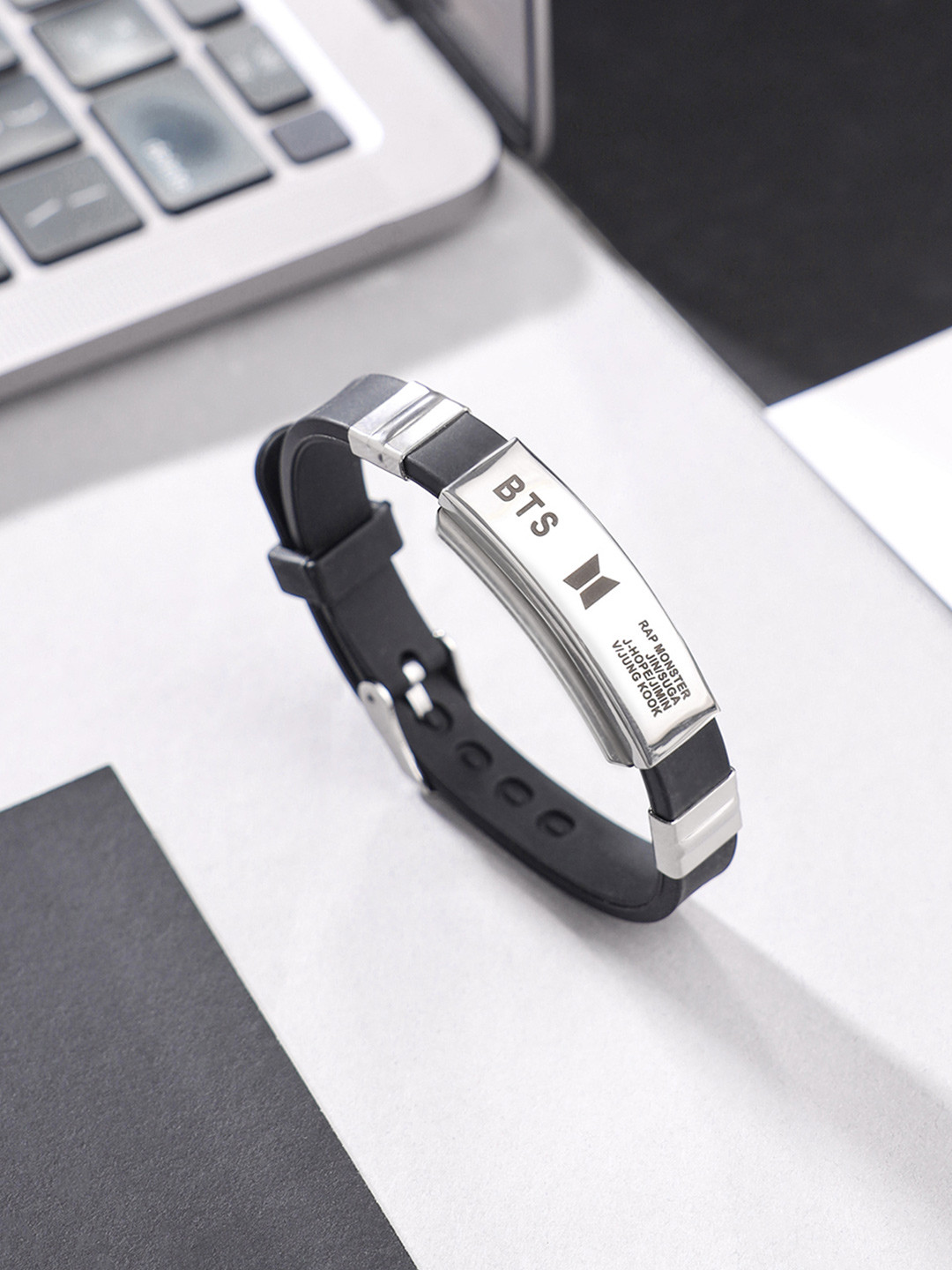 Yellow Chimes Silver-Toned & Black BTS Band Signature Wraparound Bracelet