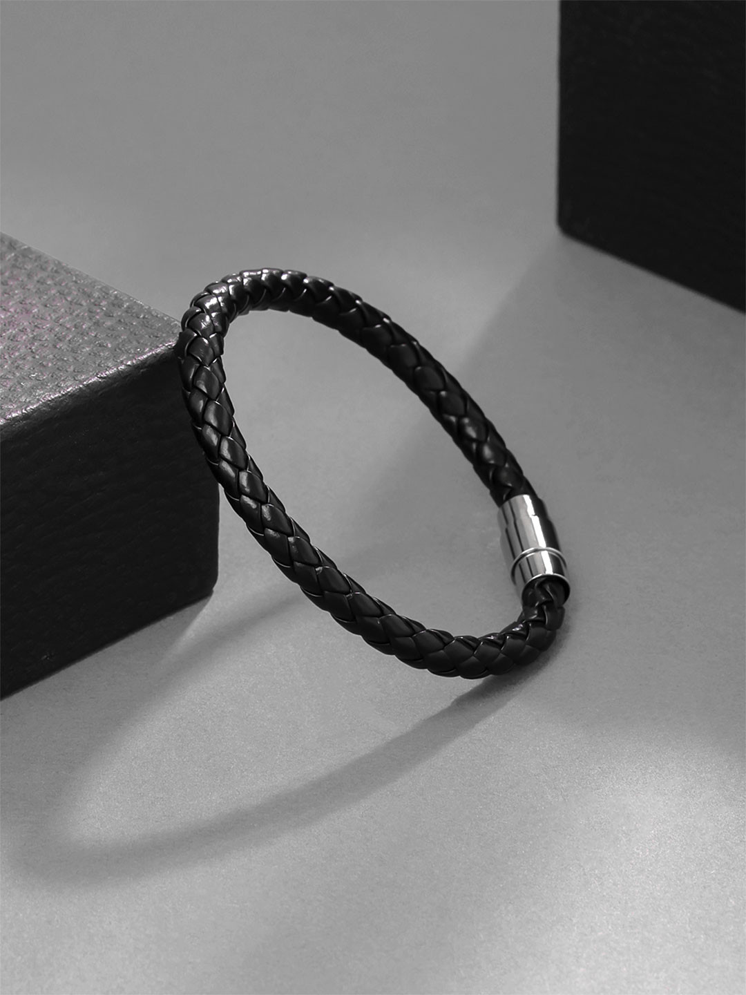 Yellow Chimes Men Black Leather Strand Bracelet