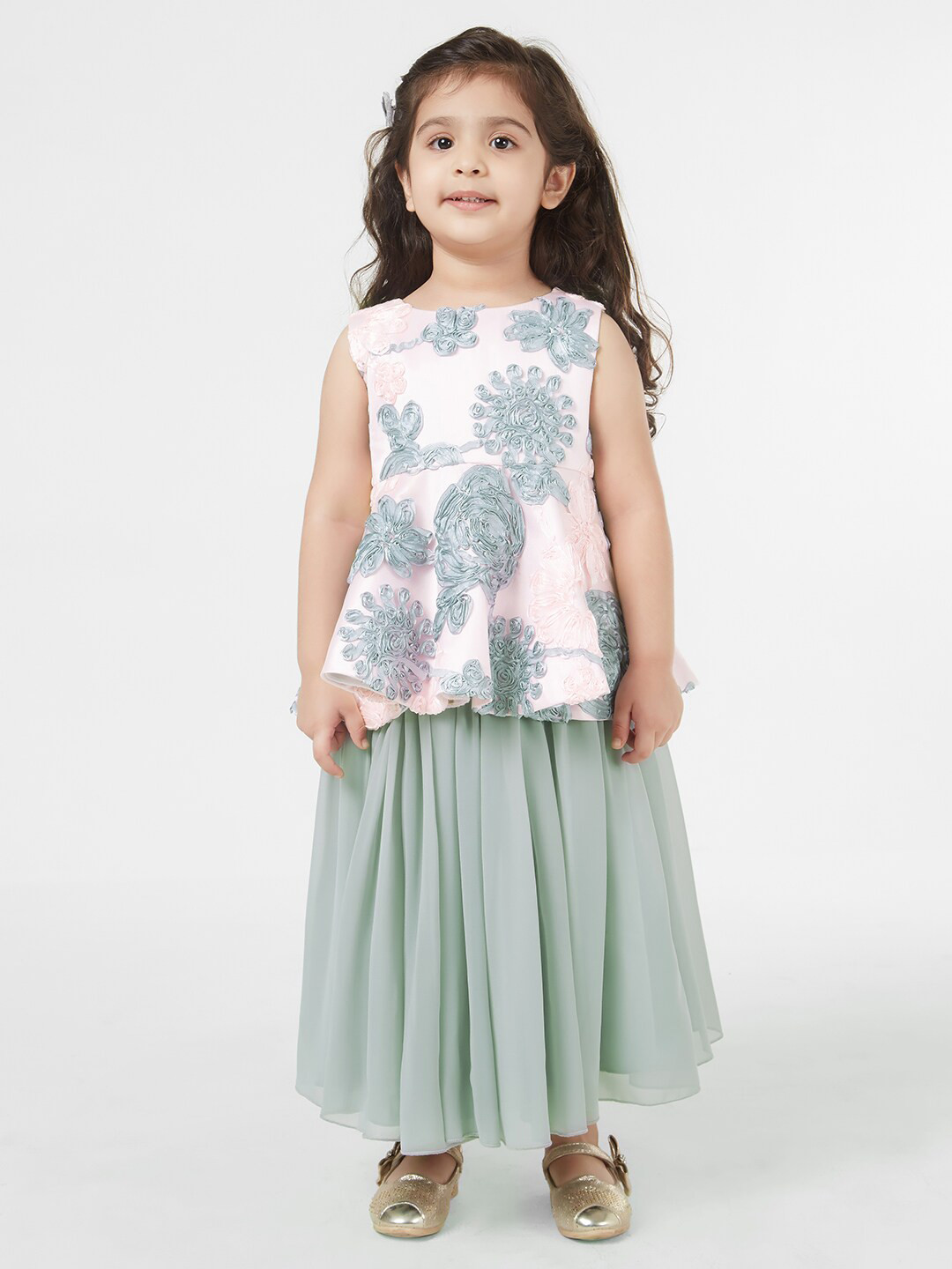 TIC TAC TOE Girls Grey & Pink Embroidered Top with Skirt