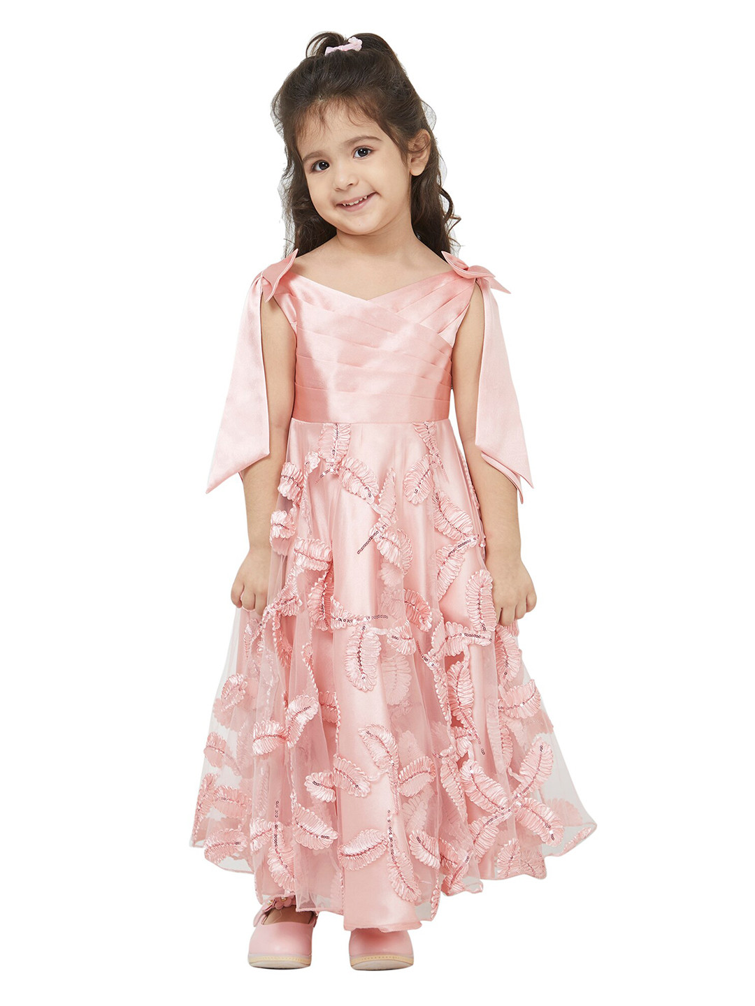 TIC TAC TOE Girls Peach-Coloured Floral Feather Maxi Dress