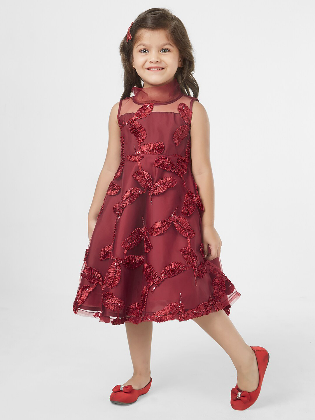 TIC TAC TOE Girls Maroon Floral Midi Dress